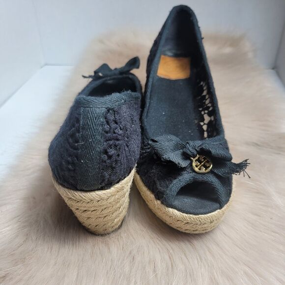 Tory Burch Jackie Wedge Womens Black Lace Espadrille Shoes - Picture 6 of 8